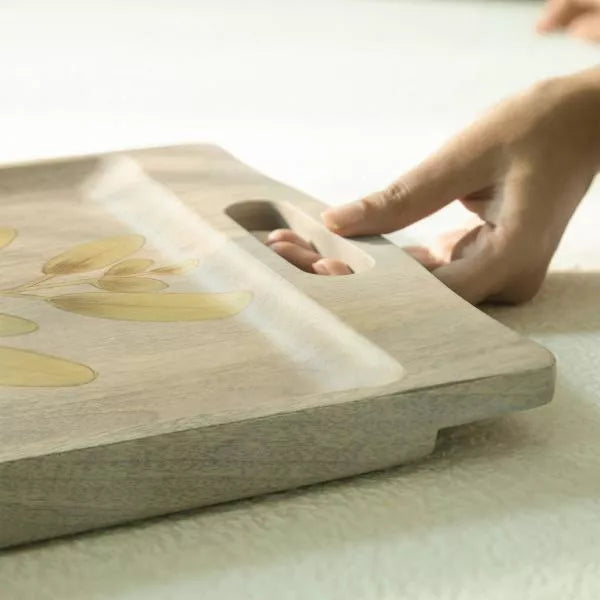 Wisteria yellow tray detail, decorative floral serving tray adding a cheerful accent to any room or tabletop.