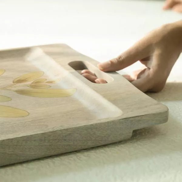 Wisteria yellow tray detail, decorative floral serving tray adding a cheerful accent to any room or tabletop.