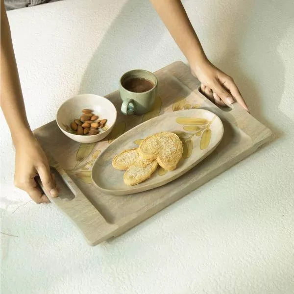 Wisteria yellow decorative serving tray with floral pattern, a bright home accent for tabletop styling and display.