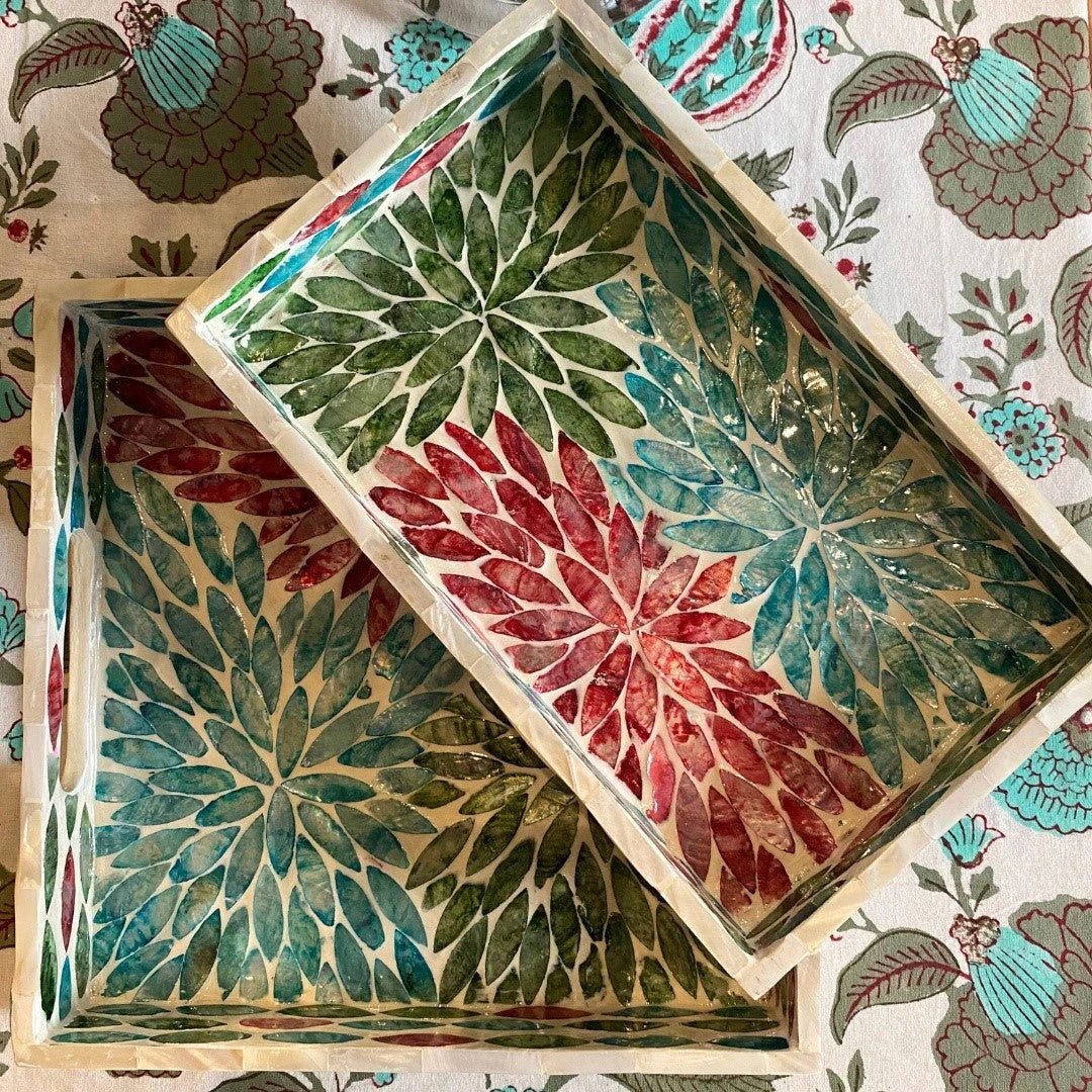 Trays collection at Inside Living Singapore: lacquer, rattan and mother of pearl serving trays