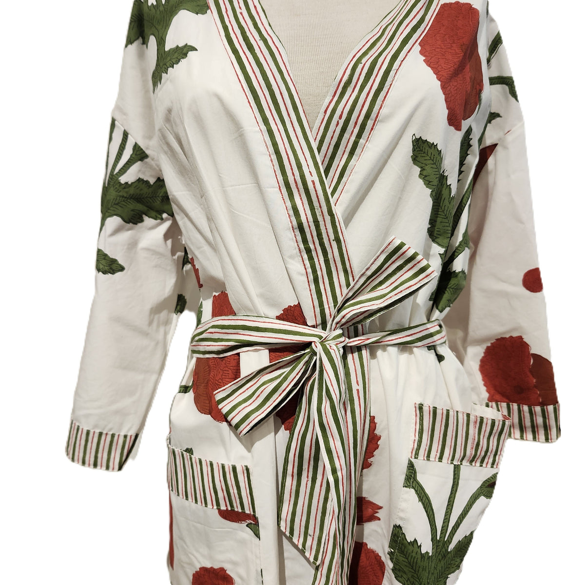 Block print cotton bath robe in the poppy design