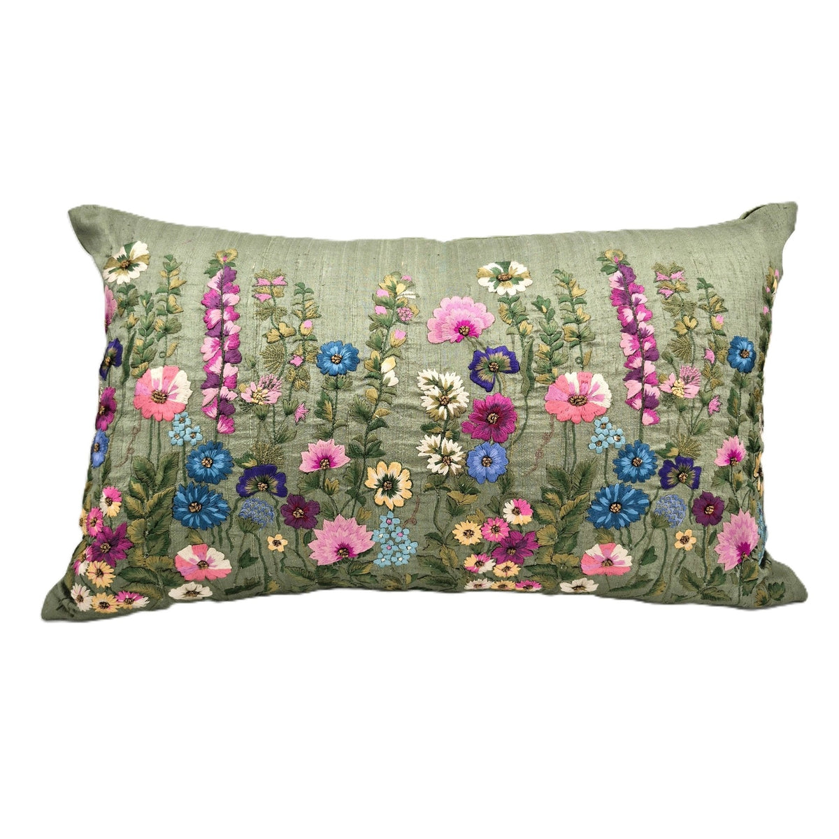 Raw silk cushion hand embroidered with wild flowers by Saamro