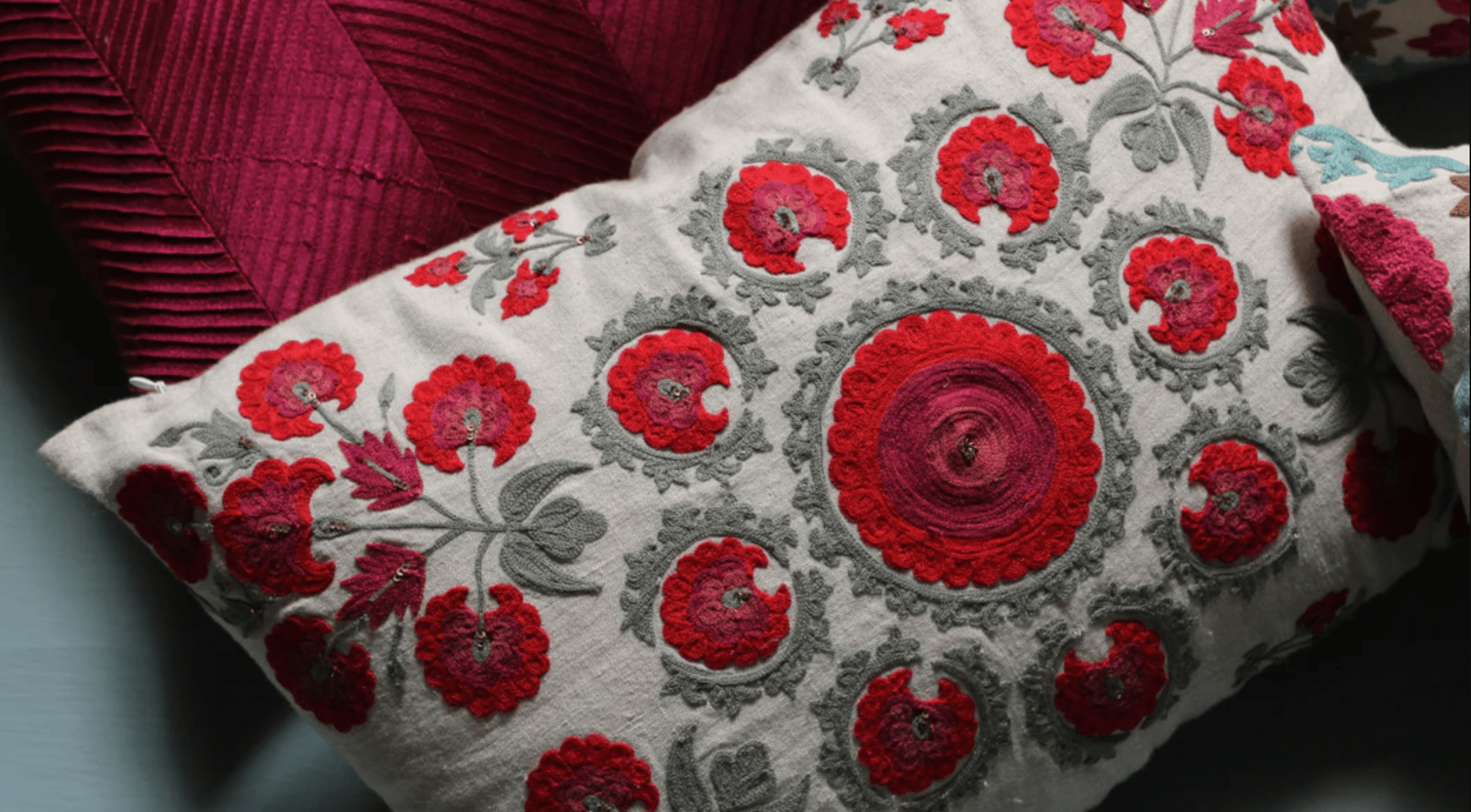 Saamro collection at Inside Living Singapore: hand-embroidered suzani cushions