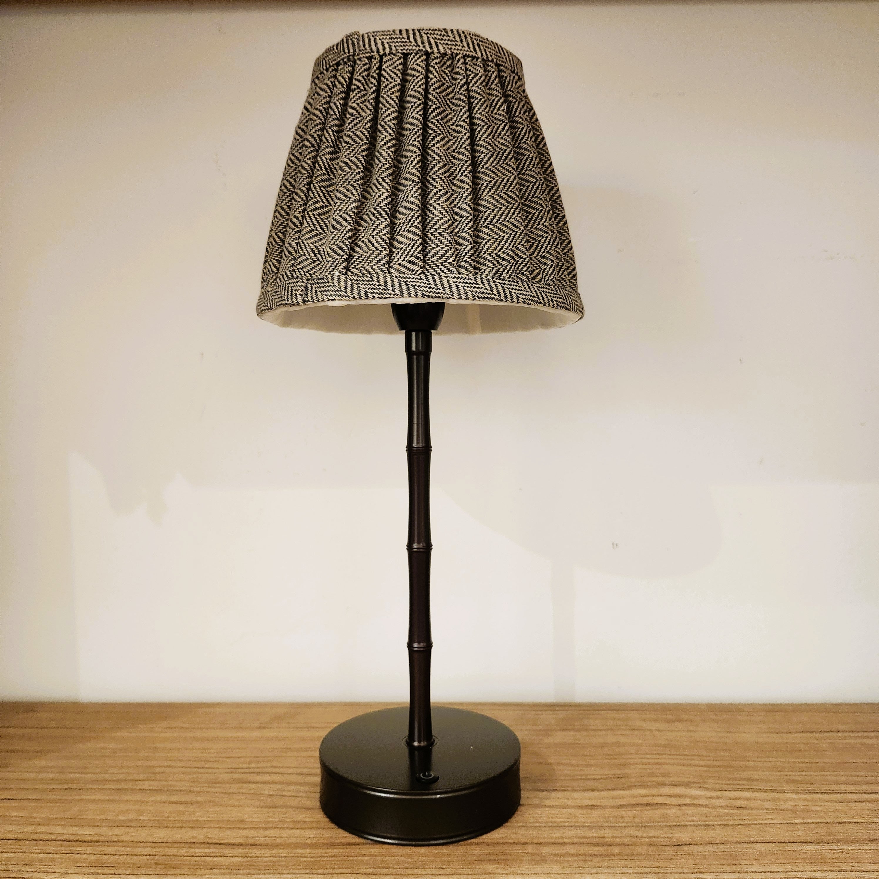 Bronze bamboo rechargeable table lamp, cordless portable light for indoor and outdoor use, reverse view