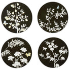 Set of four black lacquer chinoiserie coasters, 12 cm diameter, with high-gloss finish, gift boxed