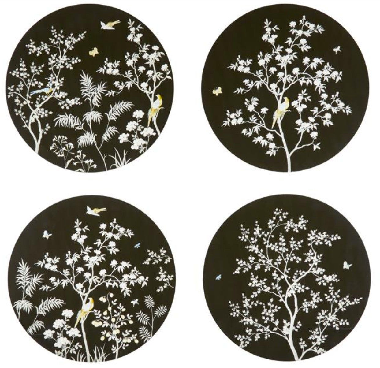 Set of four black lacquer chinoiserie placemats, 38 cm diameter, with high-gloss finish, gift boxed