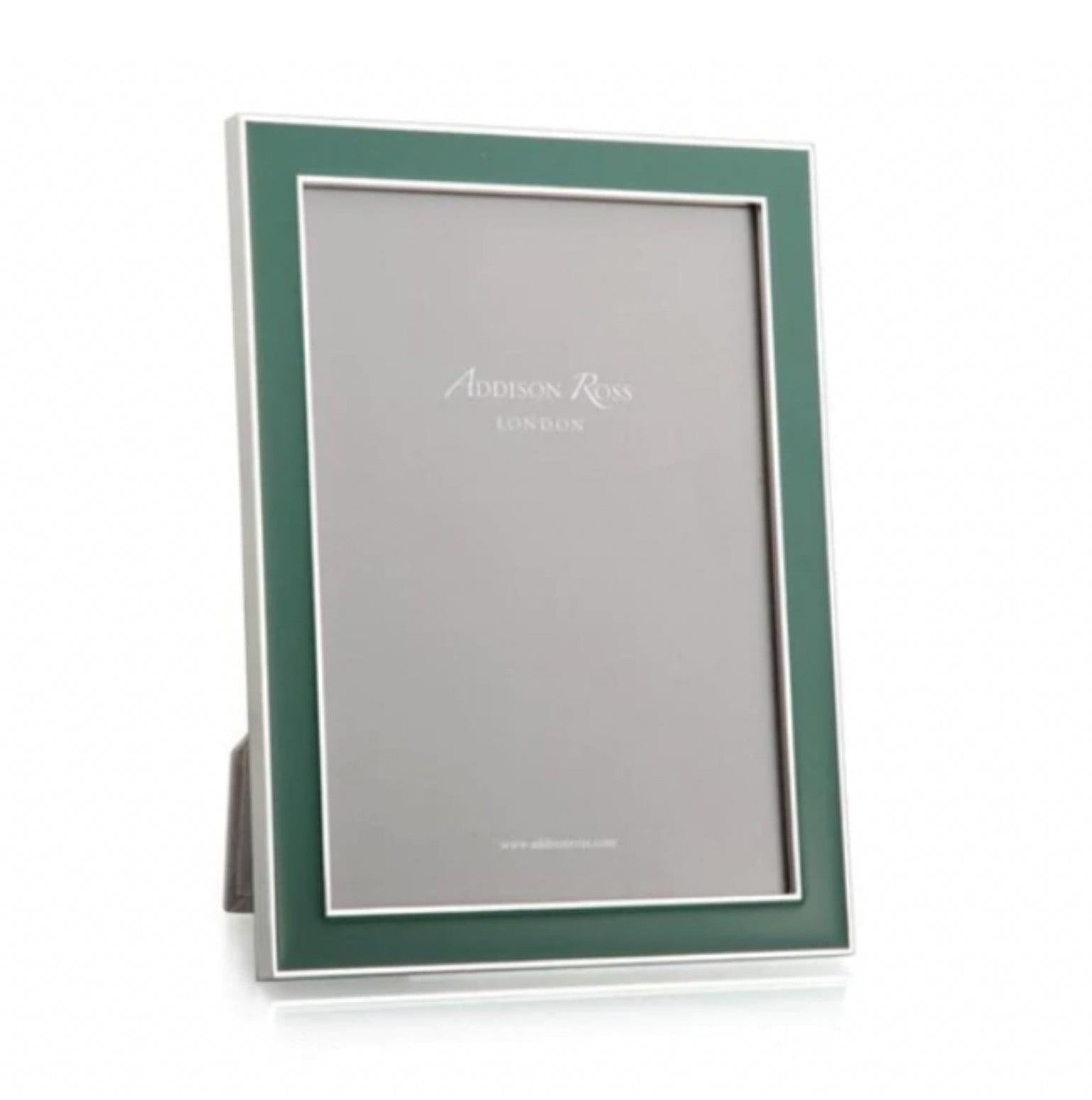 Fern green enamel and silver photo frame for 4 x 6 or 5 x 7 inch photos, with grey velvet backing
