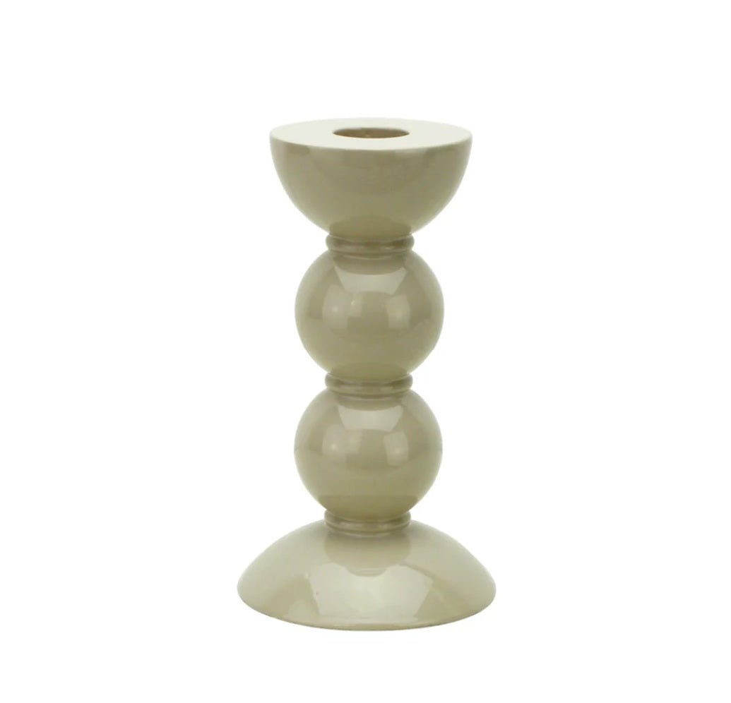 Cappuccino lacquered bobbin candlestick in rubber wood for standard dinner candles, in two sizes