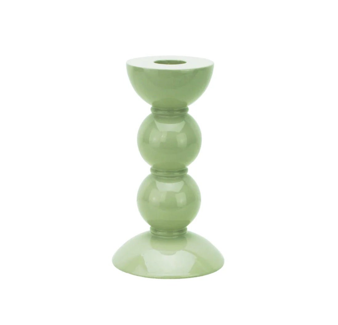 Sage bobbin candlestick from Inside Living, turned decorative candle holder for dining and home display, side view