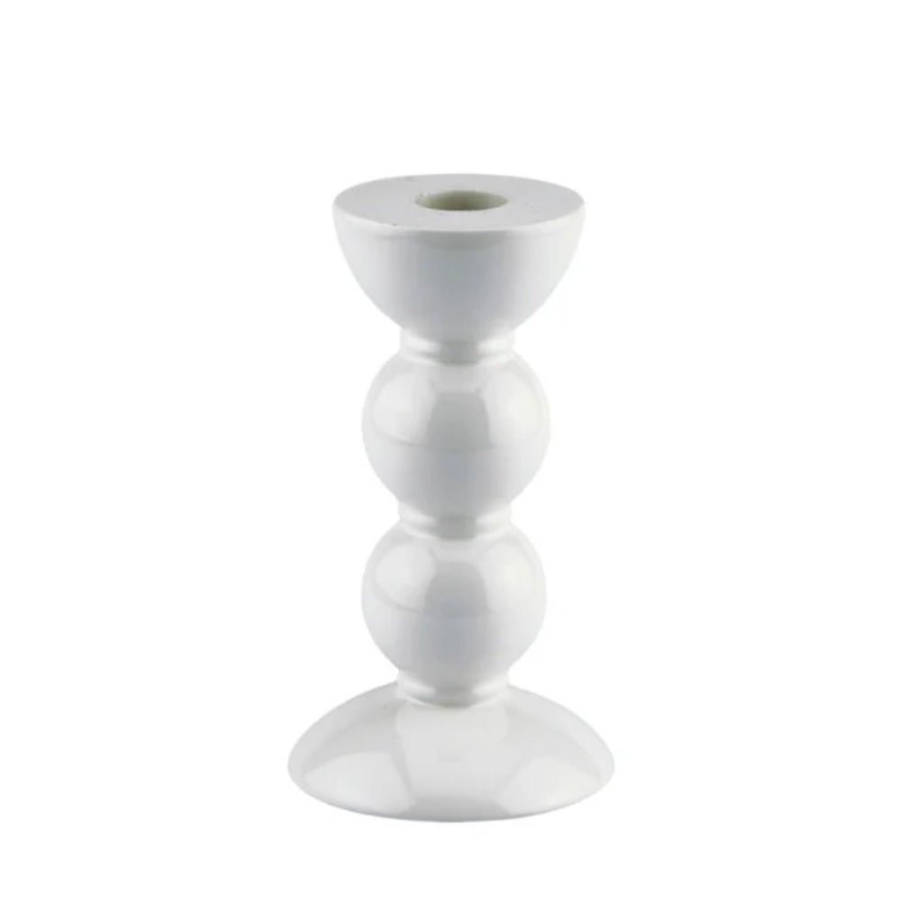 White bobbin candlestick from Inside Living, turned decorative candle holder for dining and home display, alternate view