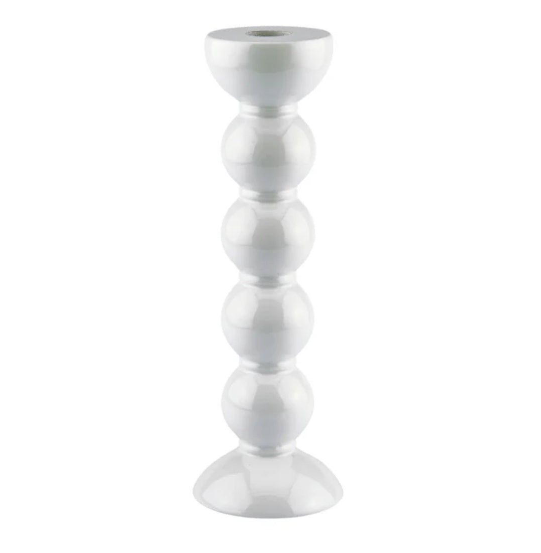 White lacquered bobbin candlestick in rubber wood for standard dinner candles, available in two sizes
