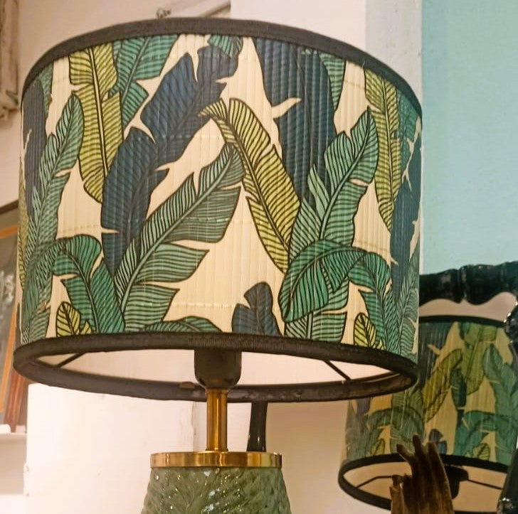 Annam Lamp Leaf Green with Bamboo Shade, decorative table lamp at Inside Living Singapore. Front view.