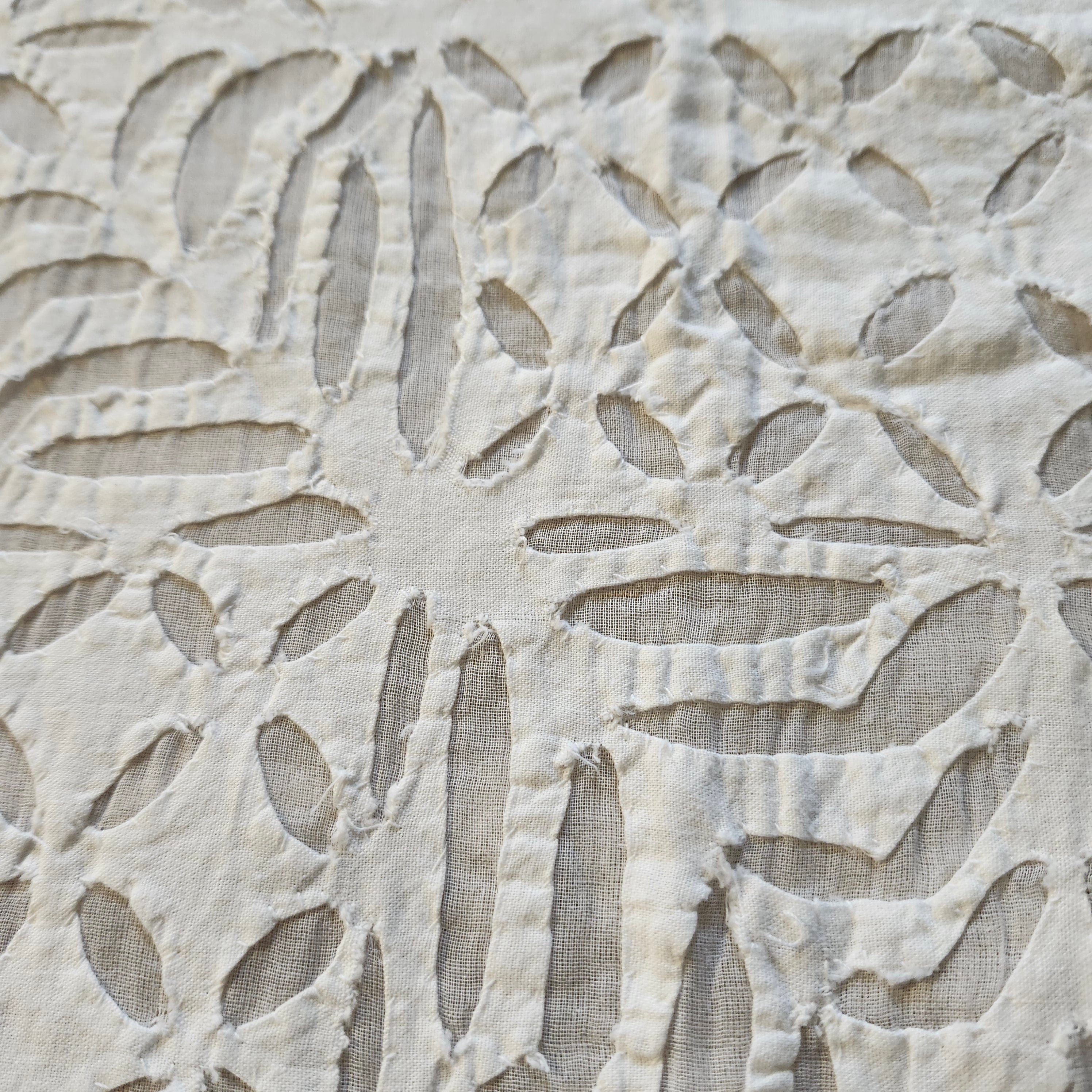 White cotton bedspread with organza applique, handmade decorative bedcover with delicate stitched detail