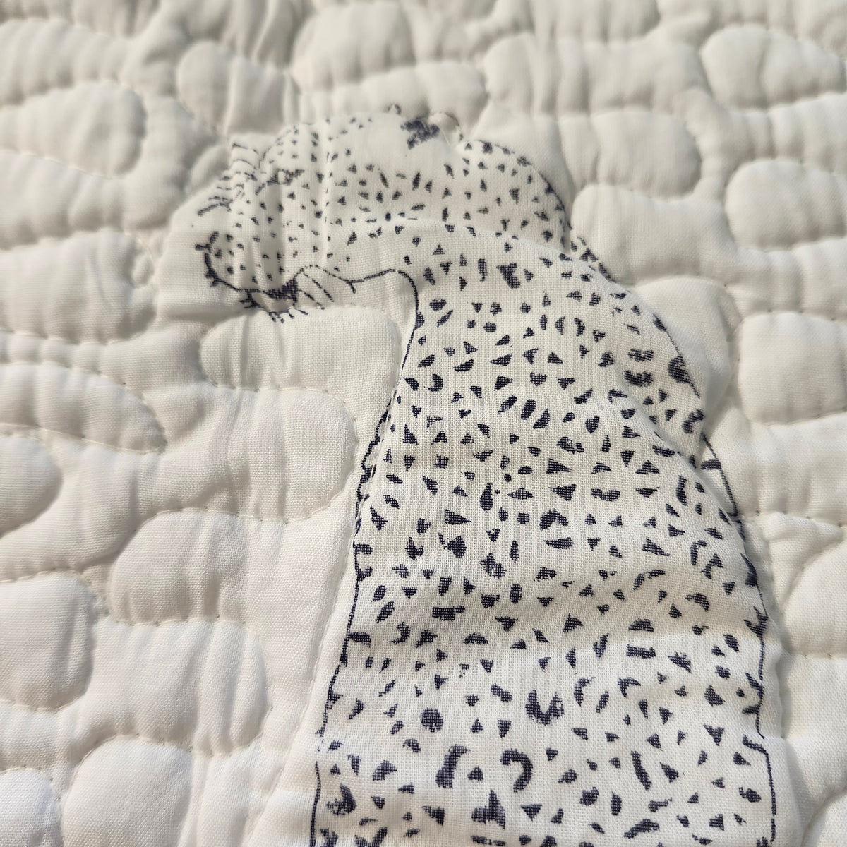 King size quilted cotton bedspread with blue cheetahs and palm trees block printed on white, with two pillowcases.