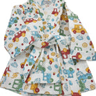 Child's waffle bath robe in a car print of red, blue, green and yellow, with a matching belt and two pockets