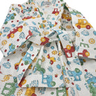 Short block printed cotton waffle bath robe covered in red, blue, green and yellow cars, with belt and pockets