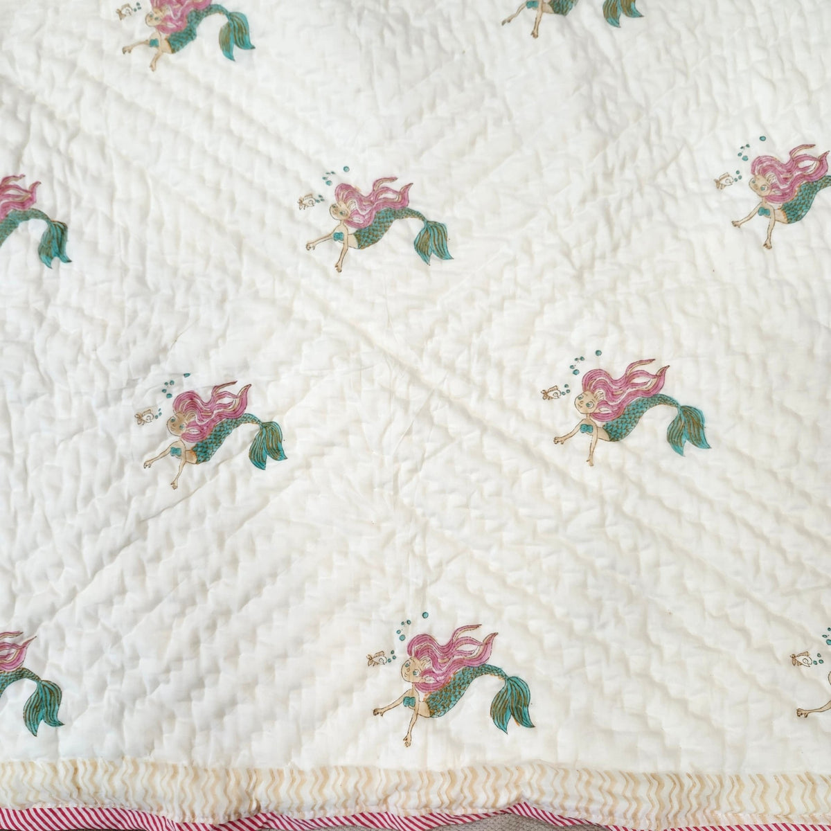 Mermaid block print children's quilt in soft organic cotton cambric, machine washable and usable either way round