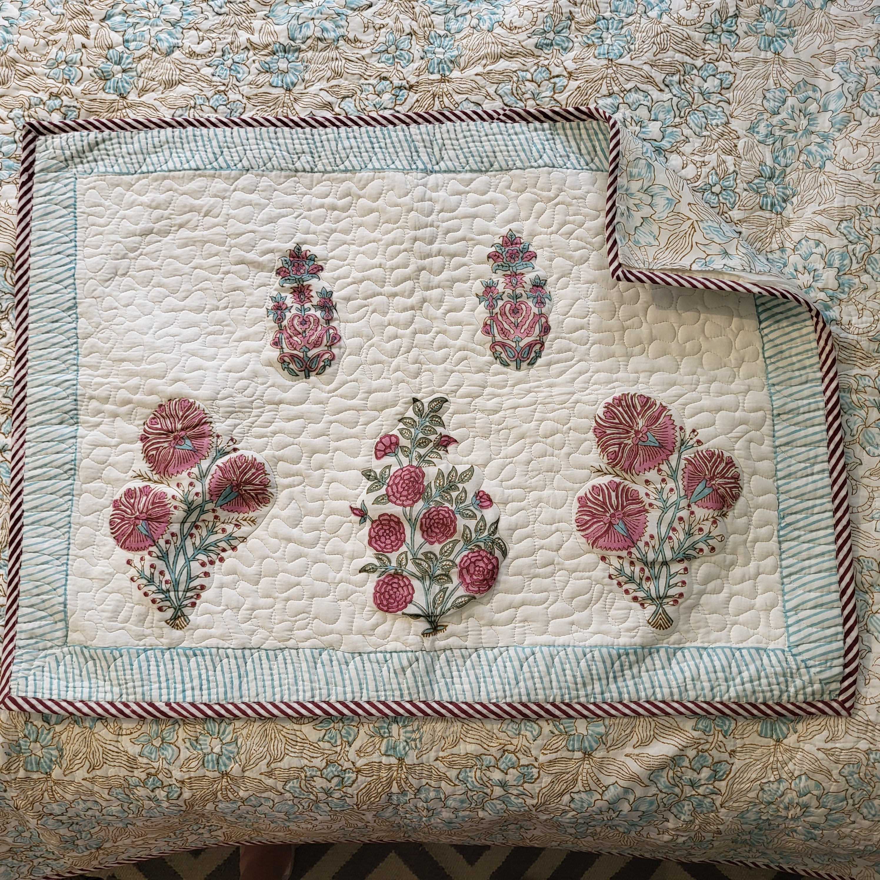 Reversible quilted king bedspread with two pillowcases, block-print cotton, blue print one side, pink flowers the other