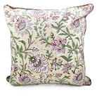 Block print Summer cushion cover with deep pink flowers and green leaves on a cream and white background