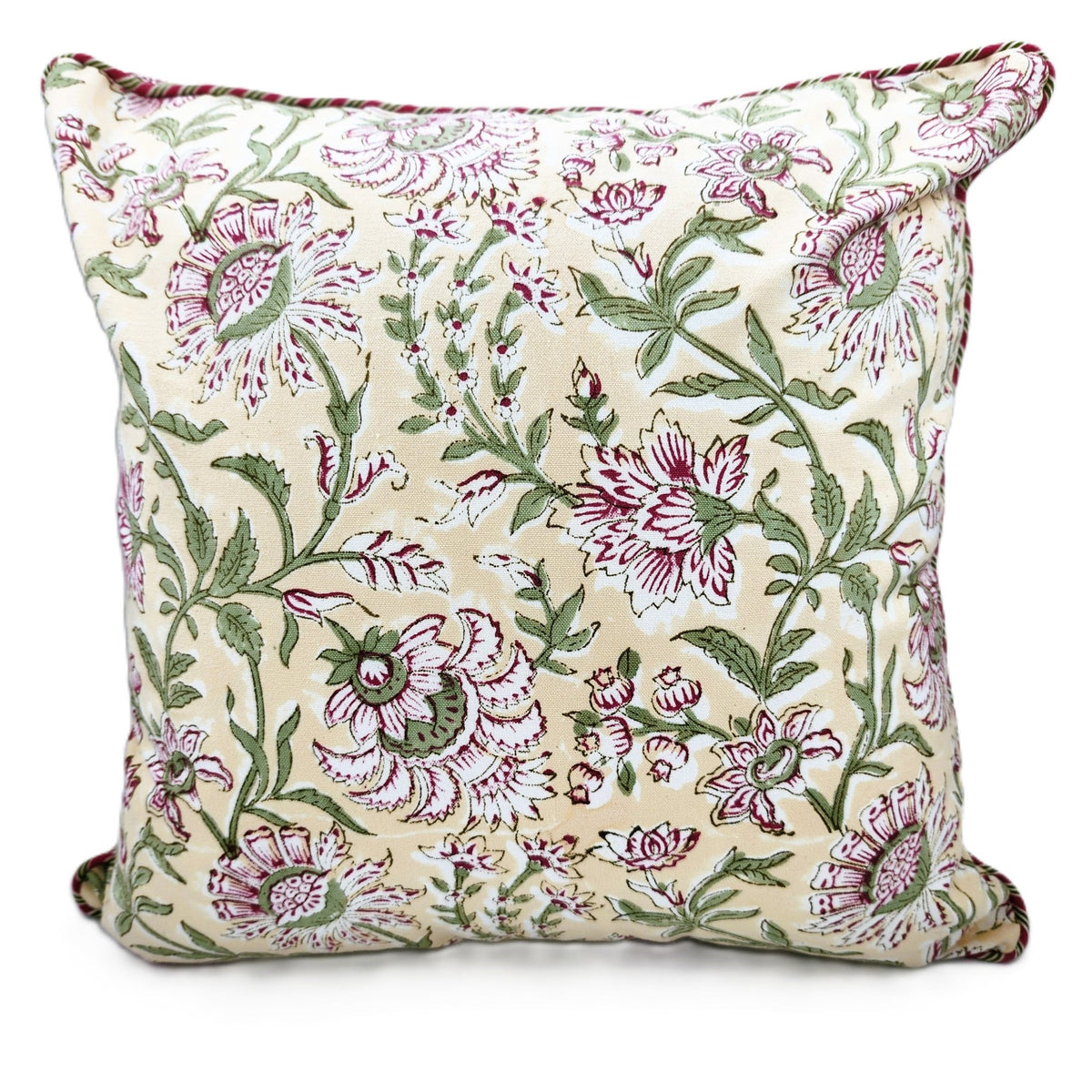 Block print Summer cushion cover with deep pink flowers and green leaves on a cream and white background