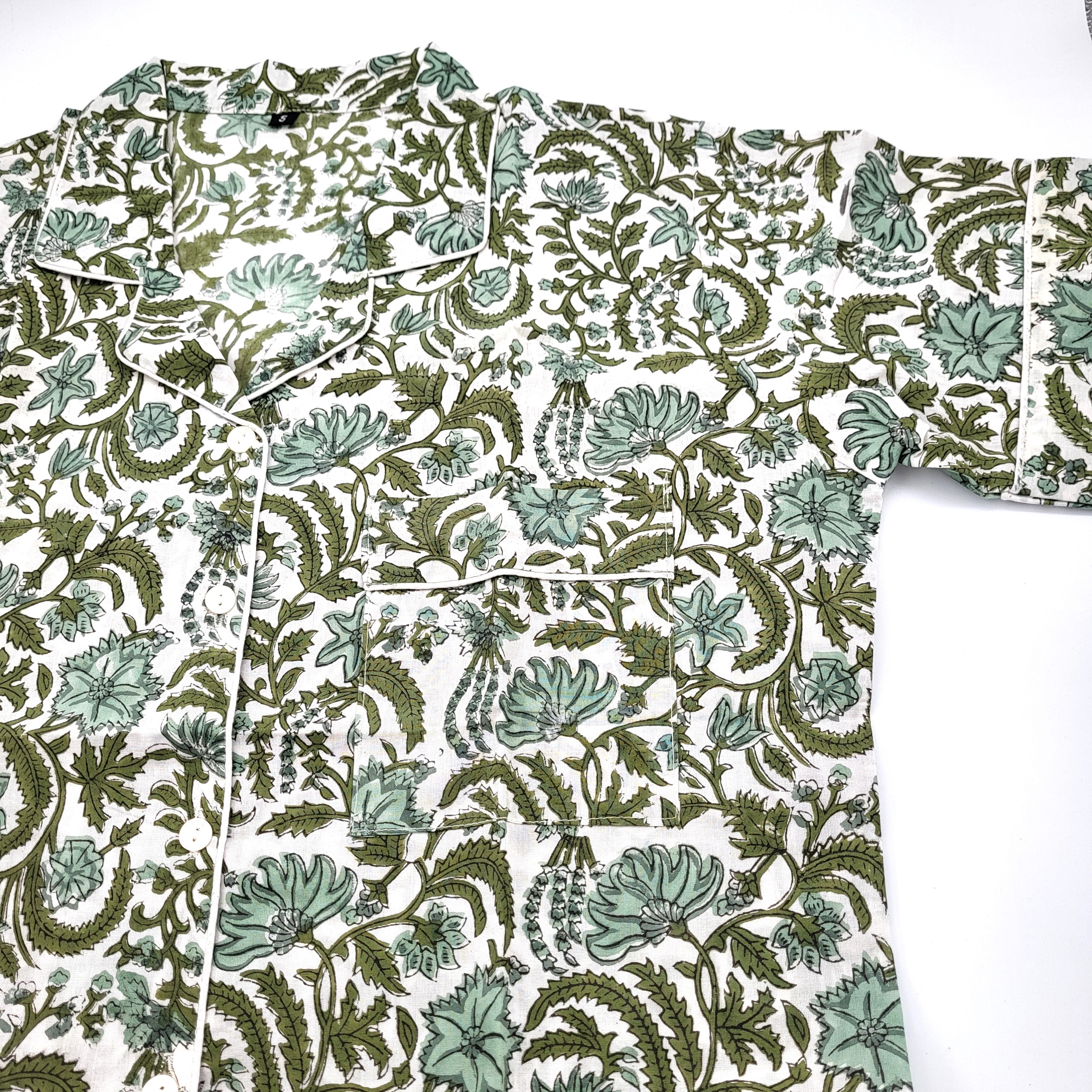 Cotton block print pyjamas in teal floral on white, mother of pearl buttons, long or short, with bag