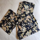 Block printed cotton long pyjama set with carnation pattern, long-sleeved top and drawstring trousers, sizes M and L