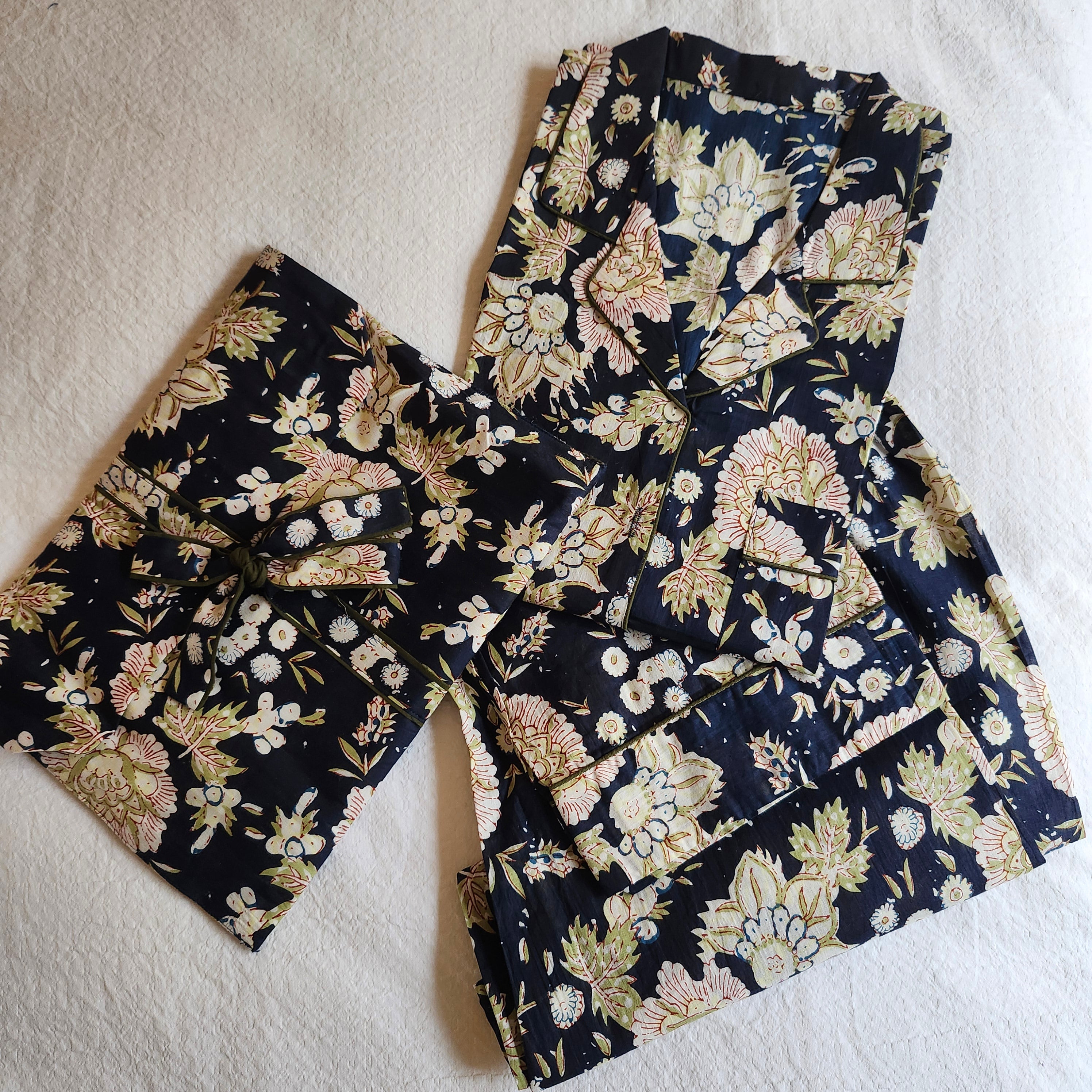Block printed cotton long pyjama set with carnation pattern, long-sleeved top and drawstring trousers, sizes M and L