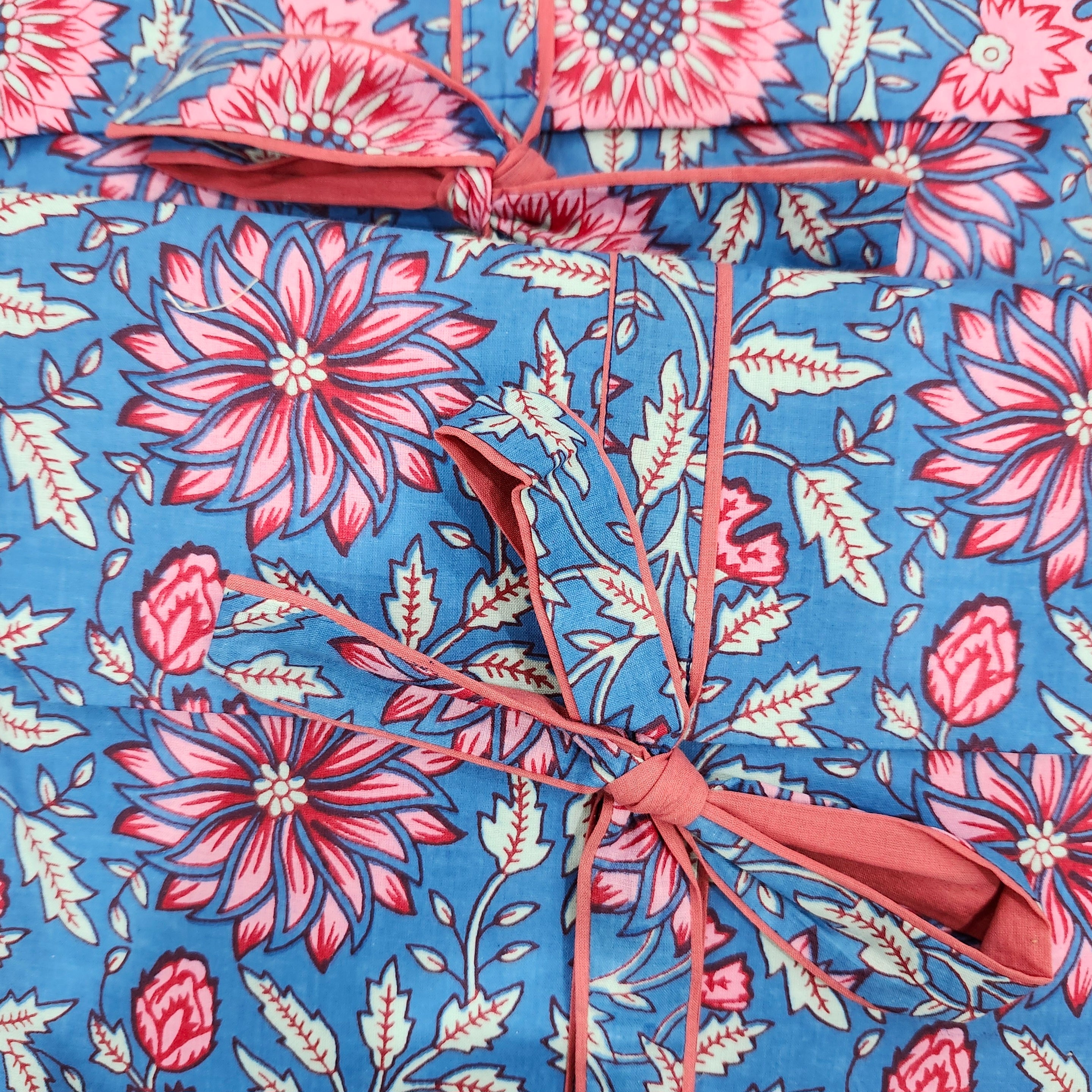 Block printed cotton long pyjama set with floral print, long-sleeved top and drawstring trousers, sizes M and L