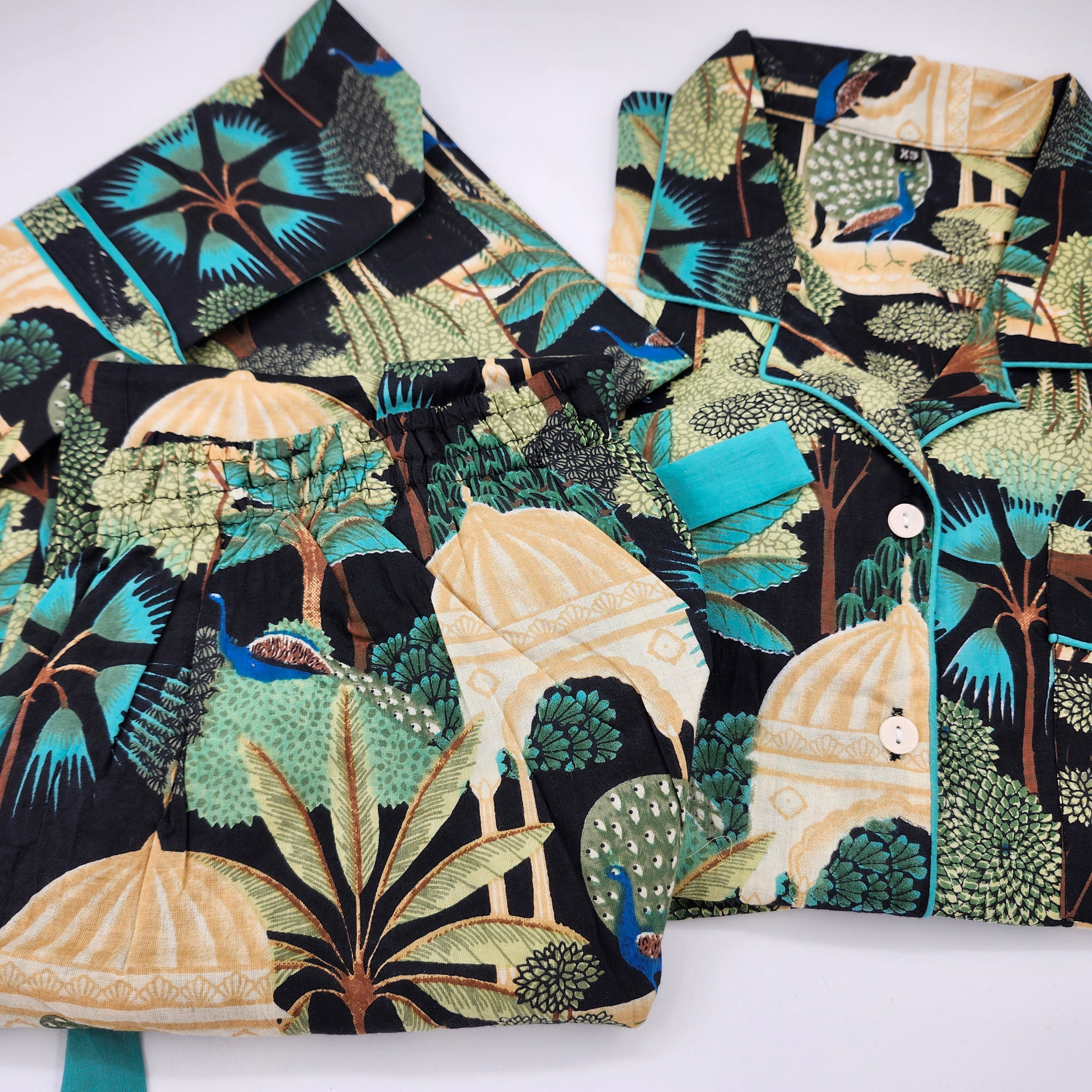 Block Print Pyjama Short Paradise Black, cotton sleepwear at Inside Living Singapore. Front view.