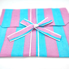 Block printed cotton pyjama shorts set in candy stripe of turquoise and shocking pink, short-sleeved top and shorts