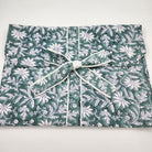 Block printed cotton short pyjama set, white floral print on teal, short-sleeved top and drawstring shorts