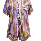 Block-print cotton short pyjama set in pink, mauve and green stripe, with buttoned top and drawstring shorts