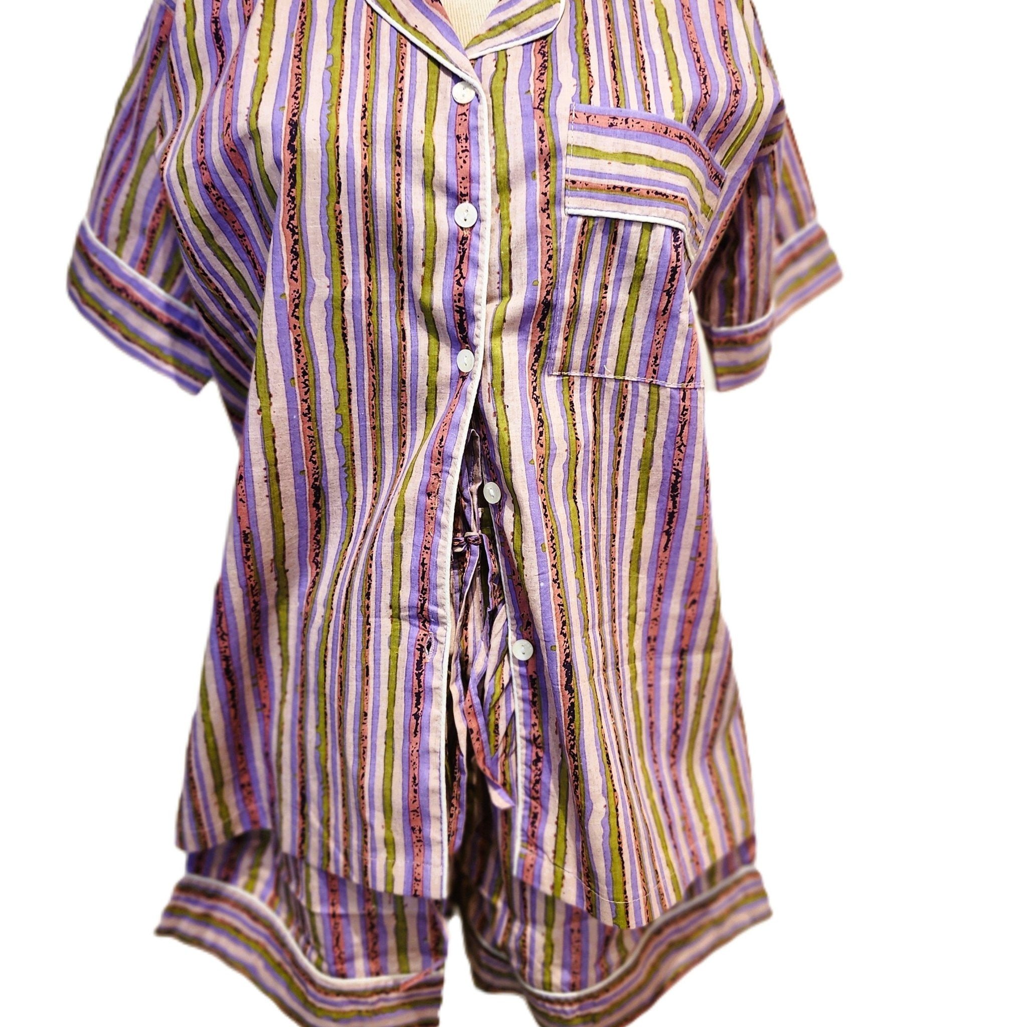 Block-print cotton short pyjama set in pink, mauve and green stripe, with buttoned top and drawstring shorts