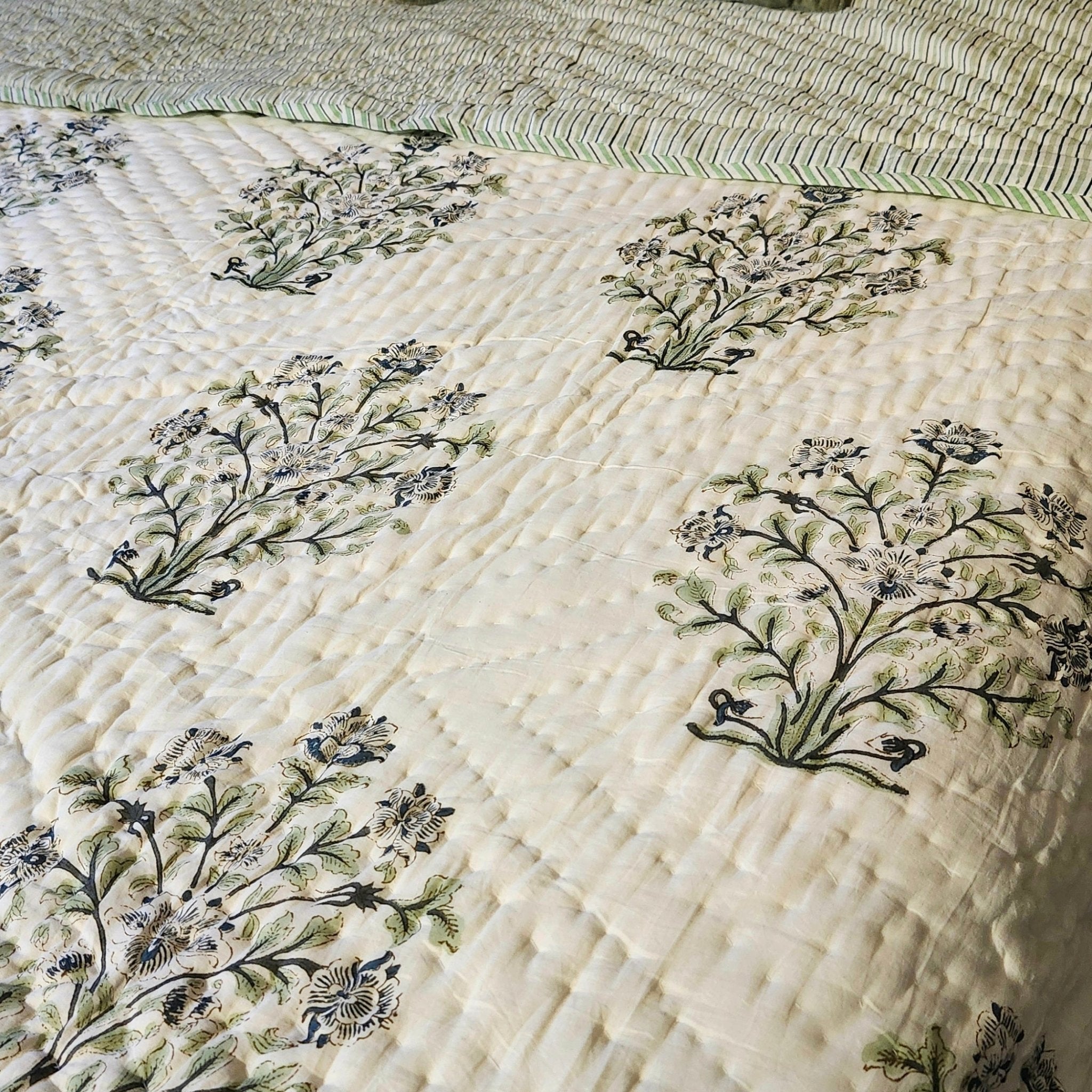 Block Print Quilt Flowers and Stripes, Inside Living Singapore homeware and lifestyle collection, view 2.