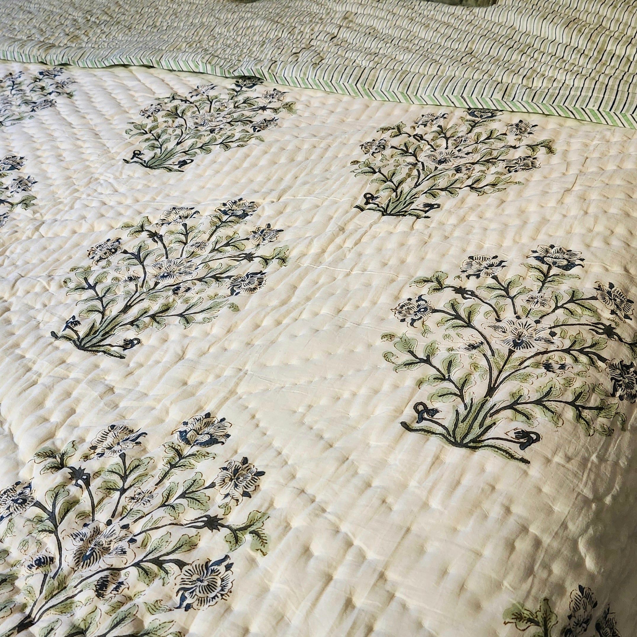 Block Print Quilt Flowers and Stripes, Inside Living Singapore homeware and lifestyle collection, view 2.