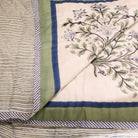 Reversible handmade block printed cotton quilt with flowers and stripes, 150 x 225 cm, made in India