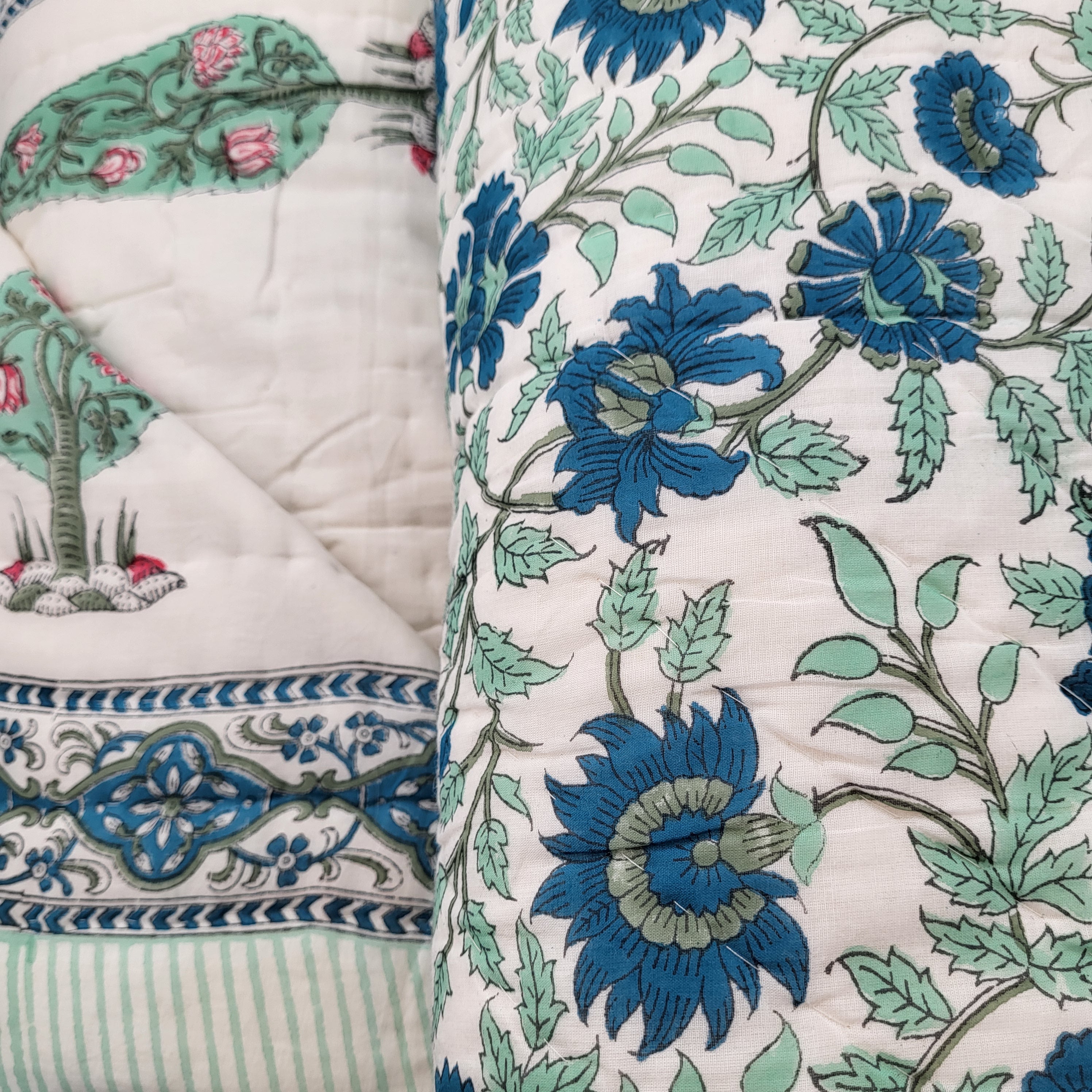 Block Printed Quilt Queen, Bed Linen from Inside Living Singapore. Side view.