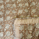 Reversible block print cotton quilt with white floral pattern on light brown, king size 275 x 275 cm