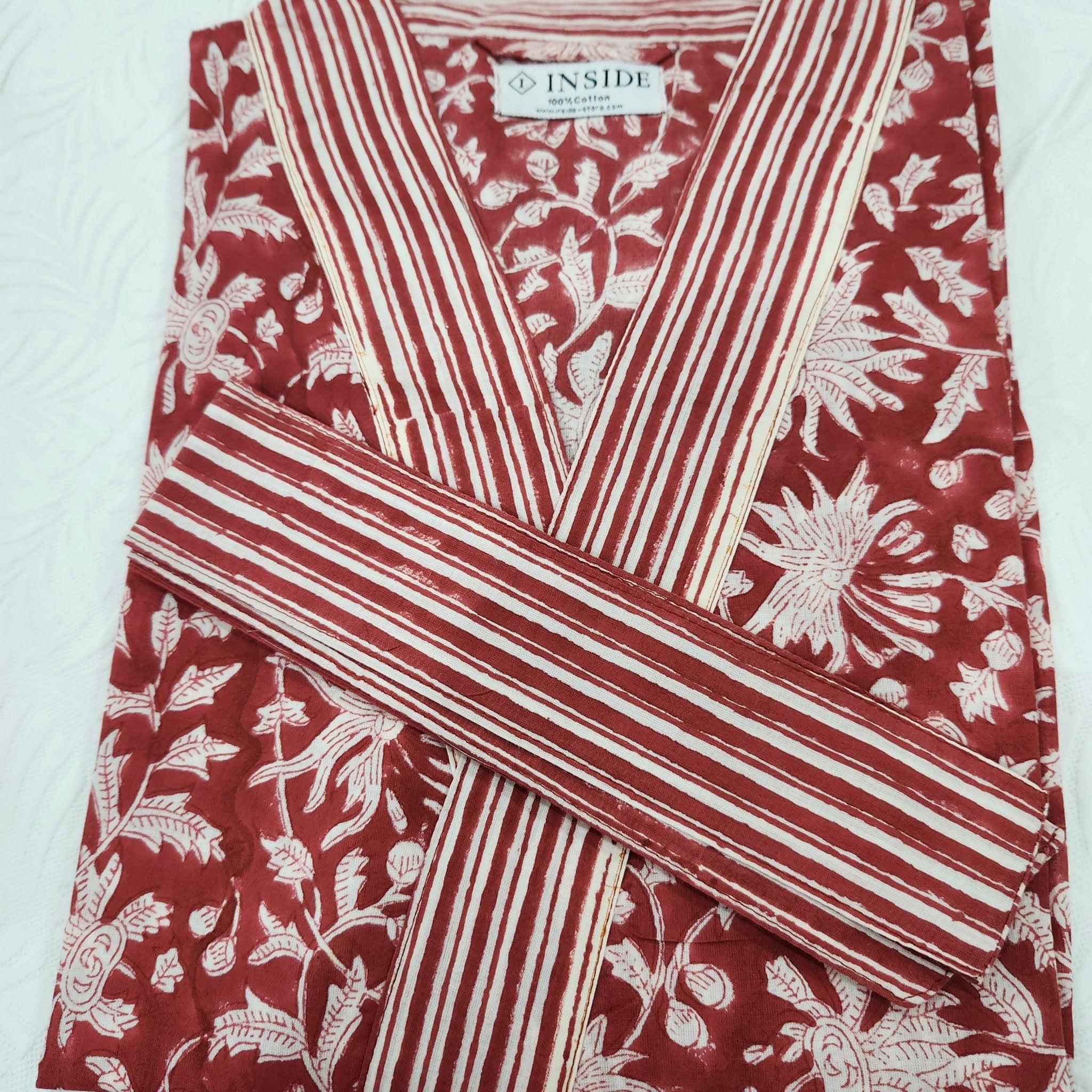 Cotton block print robe in festive red, handmade lightweight dressing gown with hand-printed pattern, detail view