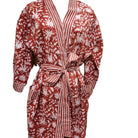 Cotton block print robe in festive red, handmade lightweight dressing gown with hand-printed pattern, styled view