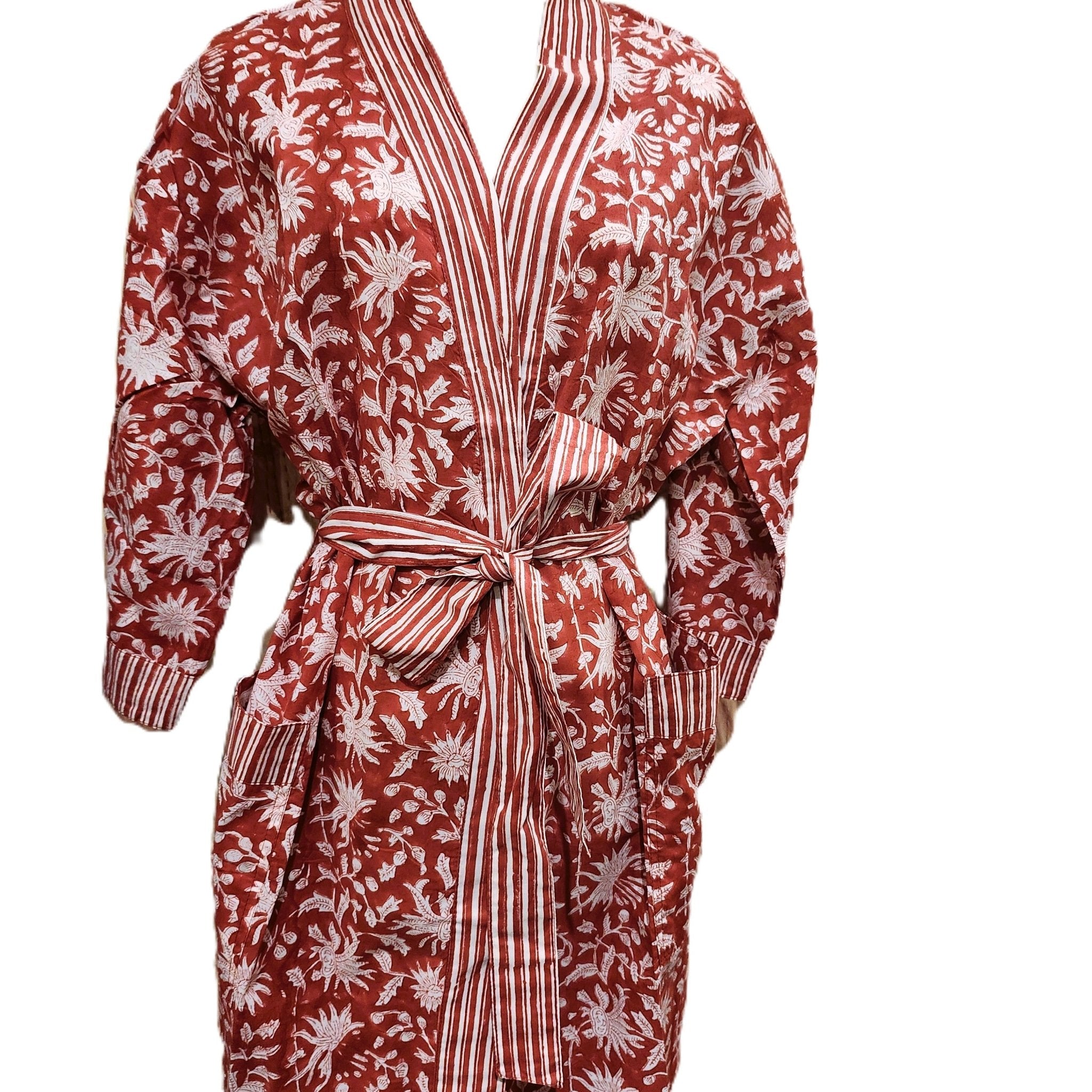 Cotton block print robe in festive red, handmade lightweight dressing gown with hand-printed pattern, styled view