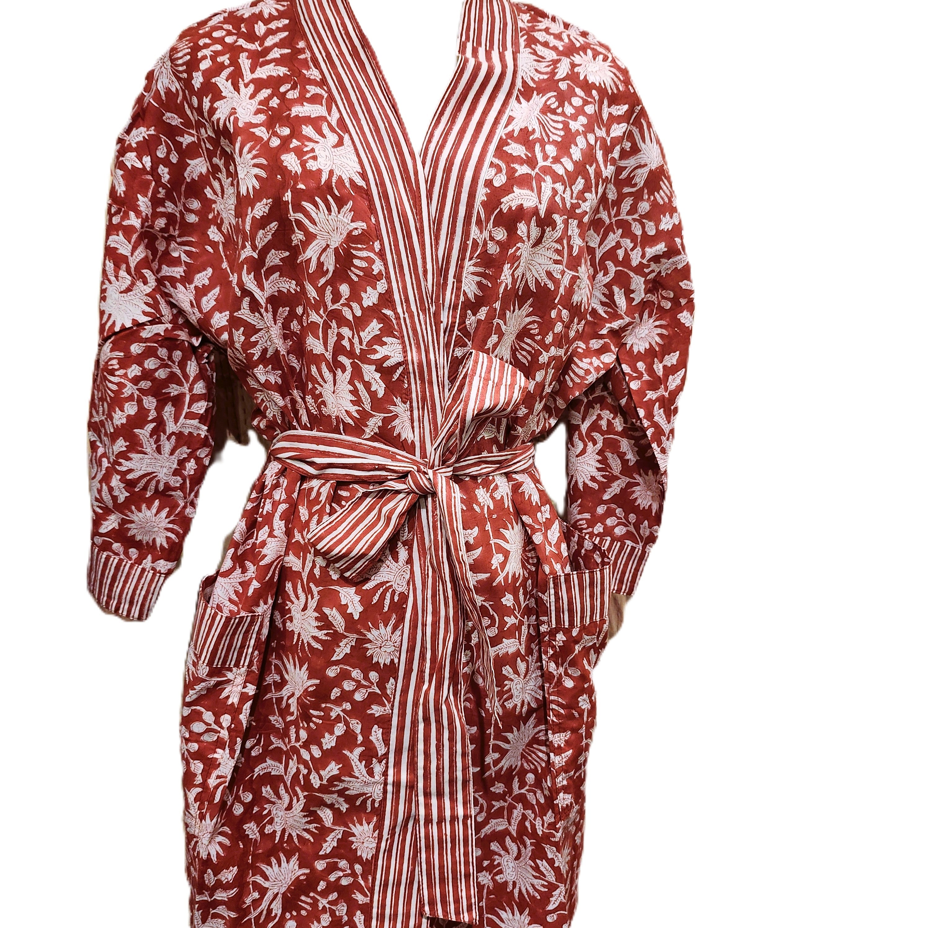 Cotton block print robe in festive red, handmade lightweight dressing gown with hand-printed pattern, styled view