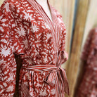 Cotton block print robe in festive red, handmade lightweight dressing gown with hand-printed pattern