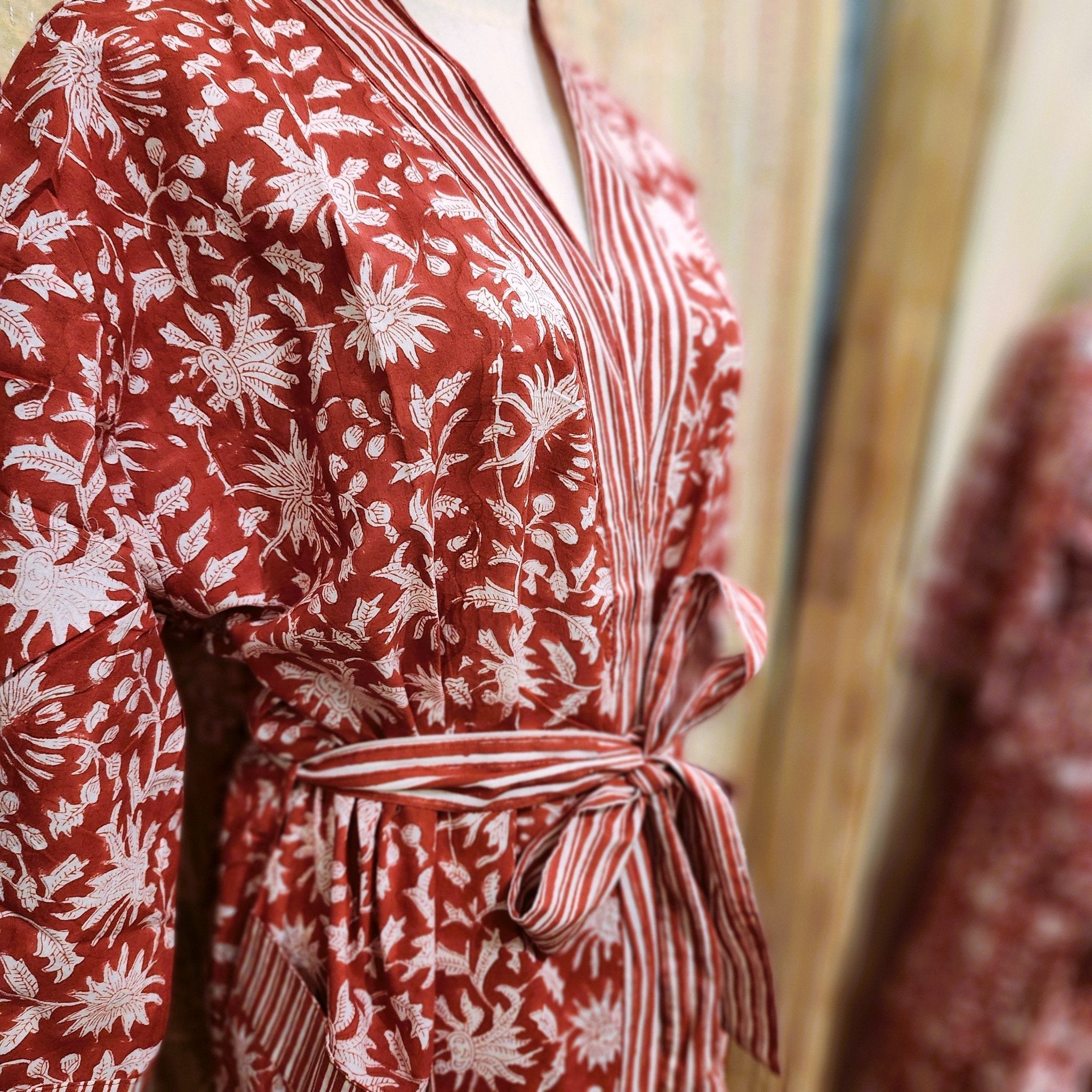 Cotton block print robe in festive red, handmade lightweight dressing gown with hand-printed pattern
