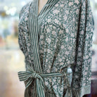 Cotton block print robe in floral green, handmade lightweight dressing gown with hand-printed pattern