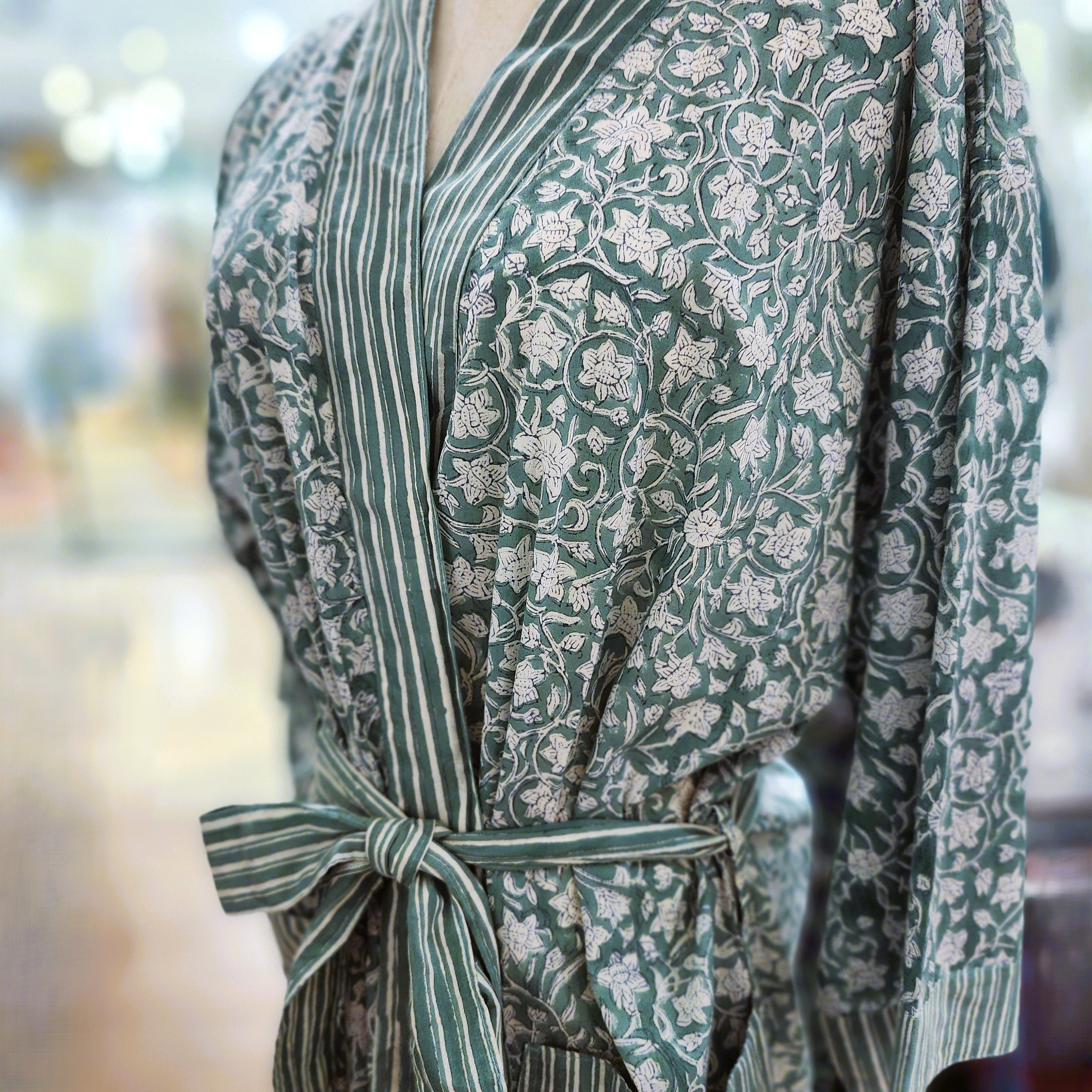 Cotton block print robe in floral green, handmade lightweight dressing gown with hand-printed pattern