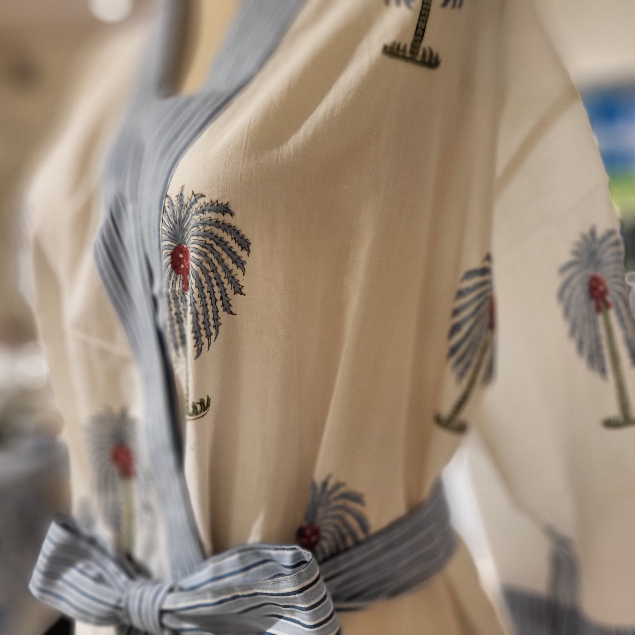 Lightweight cotton block print robe with sky blue palms and a striped trim, one size fits most