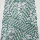 Cotton block print robe in floral green, handmade lightweight dressing gown with hand-printed pattern, detail view