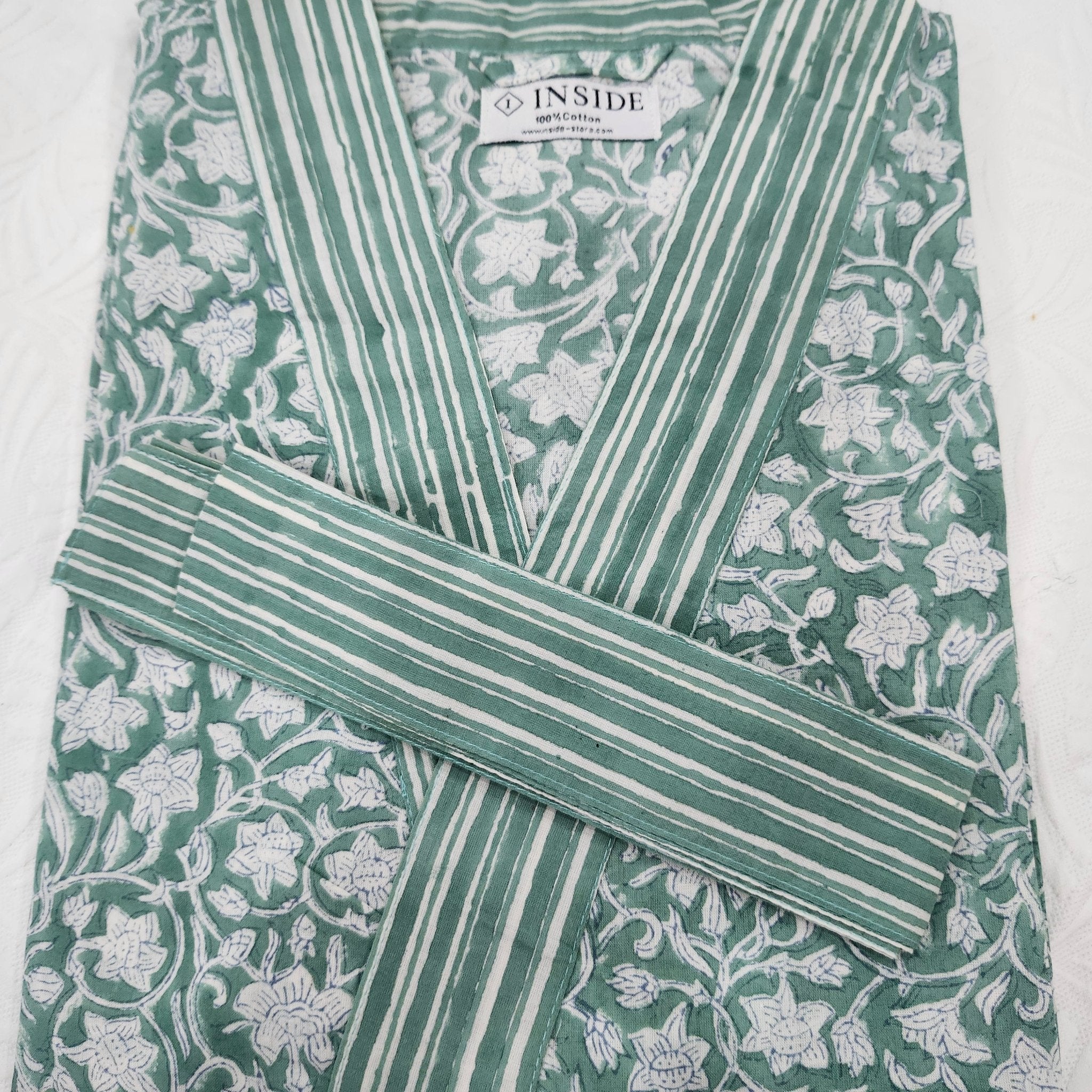 Cotton block print robe in floral green, handmade lightweight dressing gown with hand-printed pattern, detail view