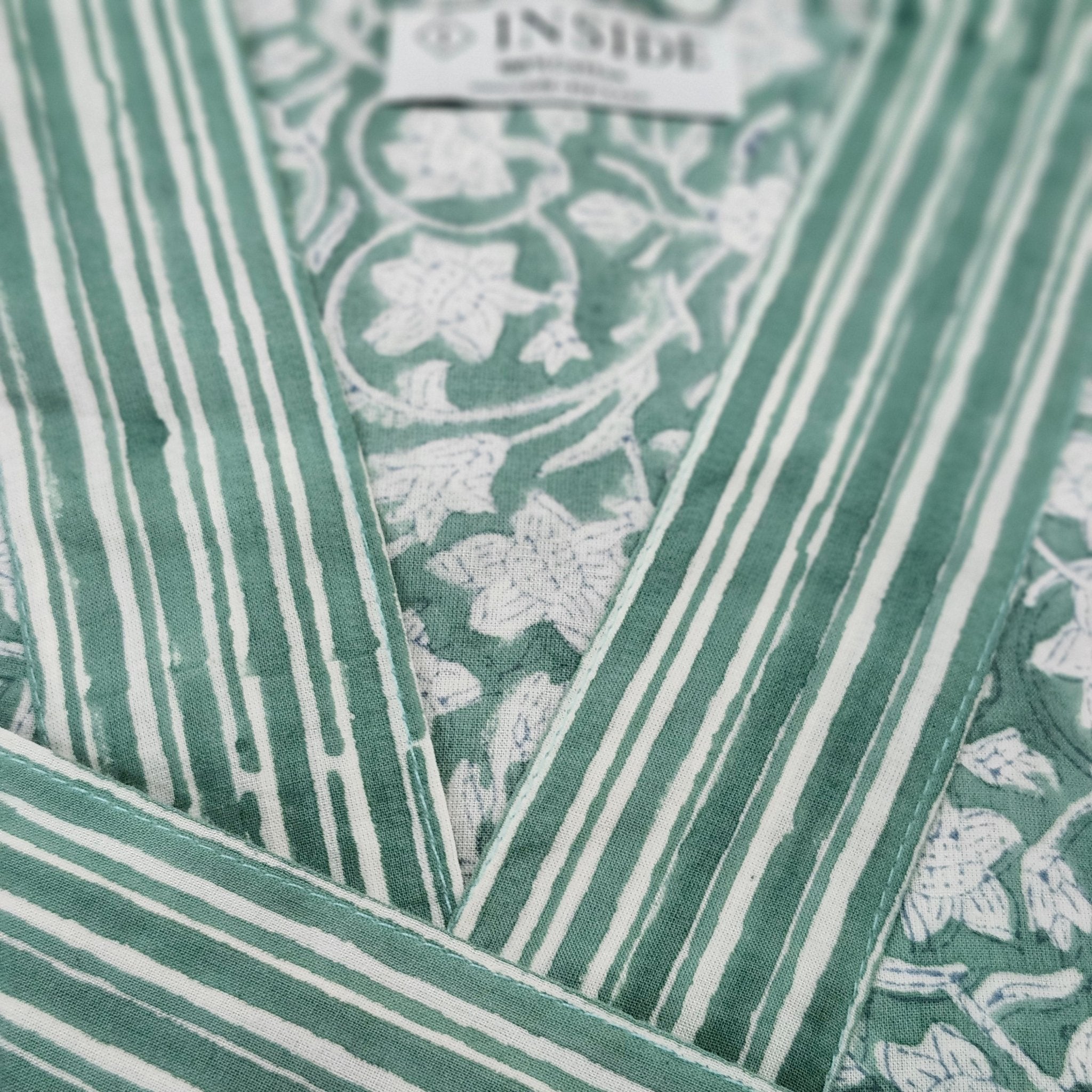 Cotton block print robe in floral green, handmade lightweight dressing gown with hand-printed pattern, styled view